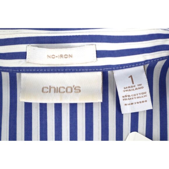 Chicos Blue & White Striped No-Iron Button-Up Shirt Womens Size 1 (M) 95% Cotton - Picture 7 of 11
